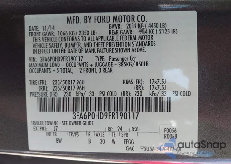 2015 Ford Fusion Se from USA, damaged, VIN 3FA6P0HD9FR190117